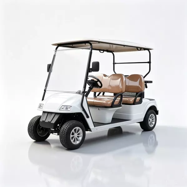 White 4-passenger electric golf cart with brown seats for resort and community transport
