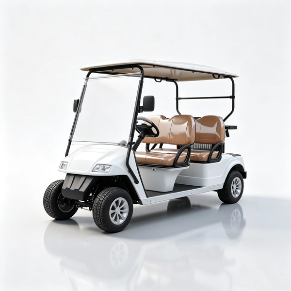 White 4-passenger electric golf cart with brown seats for resort and community transport