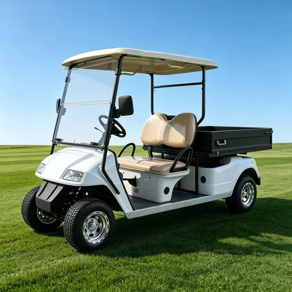 White 2-seater electric utility golf cart with black rear cargo bed for commercial use