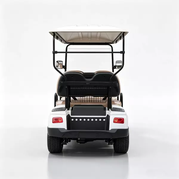 White 4-passenger electric golf cart with brown seats for resort and community transport