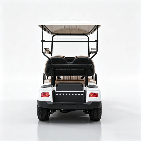 White 4-passenger electric golf cart with brown seats for resort and community transport