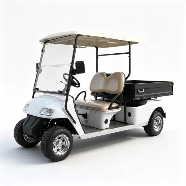 White 2-seater electric utility golf cart with black rear cargo bed for commercial use