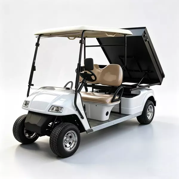 White 2-seater electric utility golf cart with black rear cargo bed for commercial use