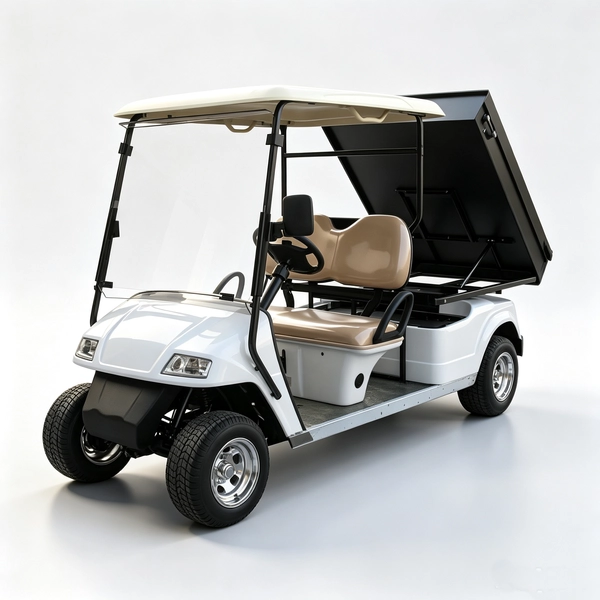 White 2-seater electric utility golf cart with black rear cargo bed for commercial use