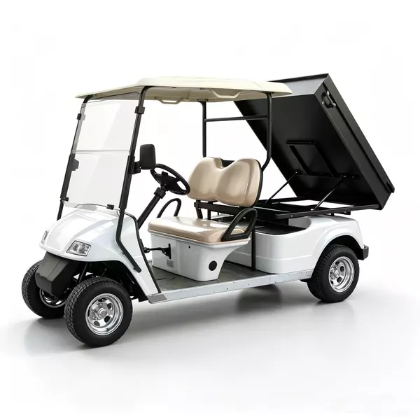 White 2-seater electric utility golf cart with black rear cargo bed for commercial use