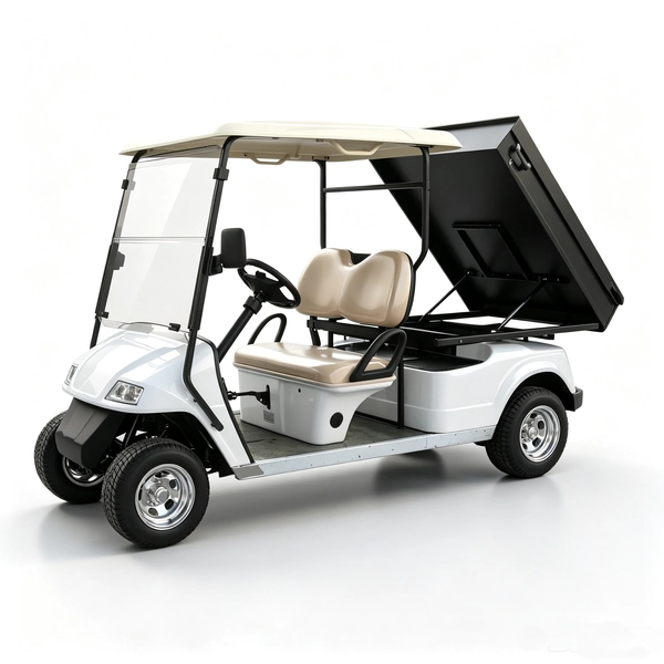 White 2-seater electric utility golf cart with black rear cargo bed for commercial use