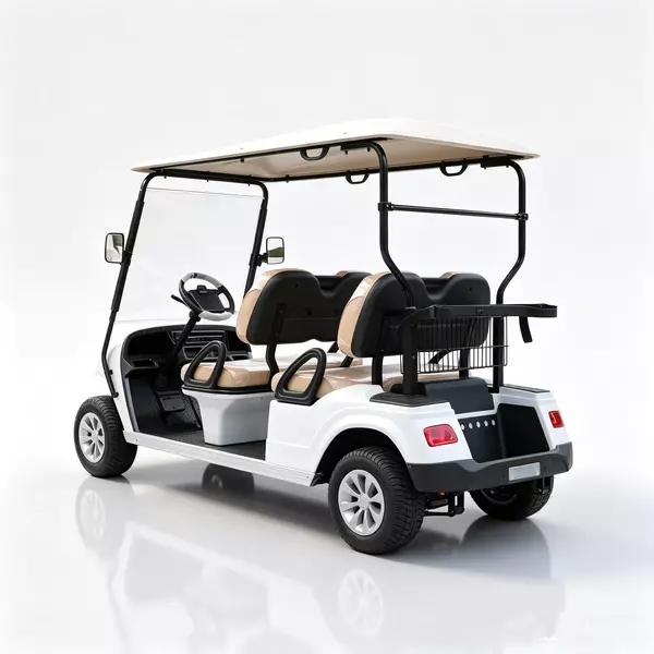 White 4-passenger electric golf cart with brown seats for resort and community transport