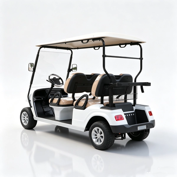 White 4-passenger electric golf cart with brown seats for resort and community transport